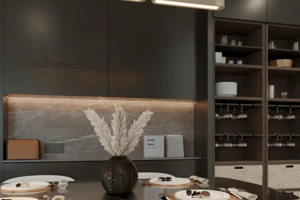 Stylish and minimalist kitchen interior featuring elegant decor and modern storage solutions.