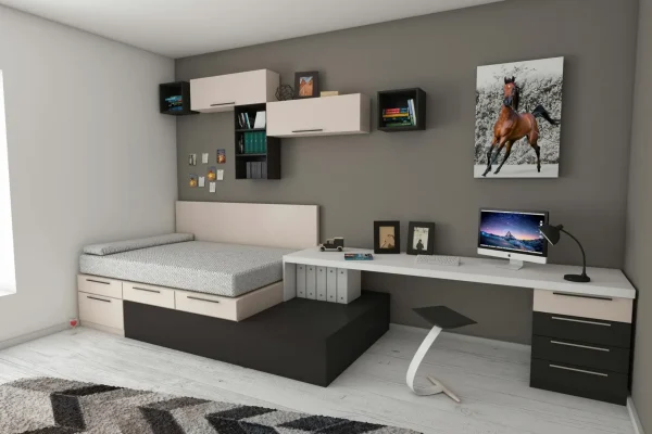 Stylish minimalist bedroom with modern furnishings and workspace area, perfect for home offices.